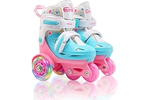 4-PEJIIJAR Roller Skates for Kids, Age 3-9 Toddler Beginner Roller Skates Adjustable, Outdoor Profession Light up Roller Skates, Childrens Quad Rollerskates for Personalised Birthday Xmas Gift