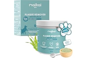 MAIKAI Plaque Remover 150 g – Polvos para Mal Aliento Limpiador Dental para Perros y Gatos Natural – Elimina Sarro Previene Placa Dental + Higiene Bucal Diaria – Algas Antisarro