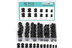 WiMas 60 Pack Cable Glands Waterproof Adjustable Cable Connectors Locknut Stuffing Glands PG7 PG9 PG11 PG13.5 PG16 PG19 Black Cable Gland Wire Protector