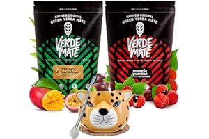 Zestaw yerba mate pobudzająca z tykwą | Yerba mate z guaraną i owocami | Verde Mate Green Energia Guarana, Mango & Maracuya | Tykwa ceramiczna | Zielona yerba mate | Naturalna kofeina | 2x500g