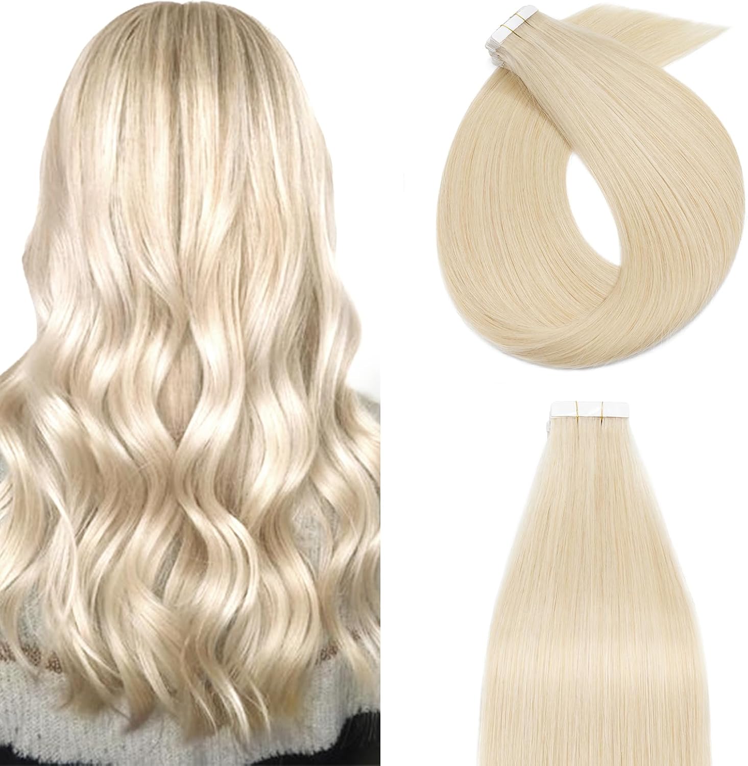 12 inch Tape in Real Human Hair Extension #60 Platinum Blonde Skin Weft 40g 20 pcs Remy Invisible Hair Extension