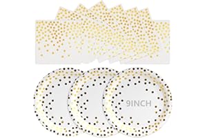 LAWALEISHE 50Pcs White and Gold Paper Plates, Disposable Party Plates and Napkins, 9 Inch Strong Paper Plate, Party Tableware Set for Birthday Bridal Shower Wedding Table Decorations