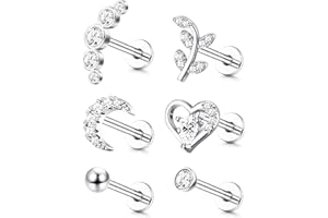 ADRAMATA 6Pcs 16G Cartilage Tragus Stud Earrings For Women Men Internally Threaded CZ Moon Heart Leaf Helix Conch Labret Monroe Ear Piercing Jewelry
