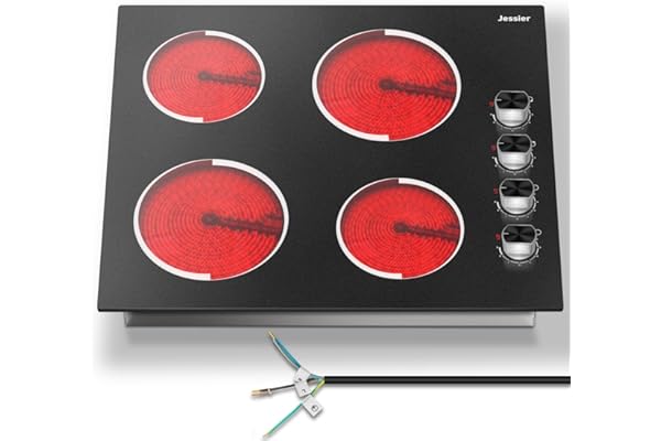Jessier Plaque Vitrocéramique 4 Feux avec Bouton, 6000W, Plaques de Cuisson Encastrables 60 CM, Commande Indépendante par Boutons Rotatifs, Table de Cuisson Vitrocéramique 4 Foyer, 9 Niveaux, 220V