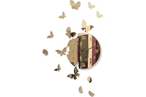 FLEXISTYLE z4g-0a Duży nowoczesny zegar ścienny motyl okrągły 30 cm, 15 motyli, do salonu, sypialni, pokoju dziecięcego, produkt wyprodukowany w UE (złote lustro)