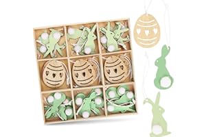 Sprinlot Colgante de Conejo de Pascua de Madera, 24 Conejos de Pascua y 12 Huevos de Pascua en una Caja de Madera, Colgantes Pascua Conejos Decorativo, Adornos de Madera para Pascua