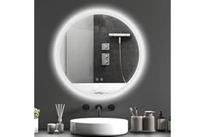 kleankin Specchio Bagno Rotondo con Luce LED Ø70cm, 3 Colori Luce, 3000-6500K, Interruttori Touch, Specchio da Parete Antideflagrante con Luminosità Regolabile, Funzione Memoria, Antiappannamento