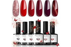 Modelones Gel Nail Polish Set, 6 Colors Wine Red Gel Polish Glitter Red Cat Eye Nail Polish Classic Popular Sparkle Bloody Red Nail Varnish Kit Soak Off Nail Art Manicure DIY Salon for Women
