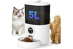 ASONINE Comedero Gato Automatico, 5L Dispensador Comida Gatos/Perros Comedero Automático Gato 1-10 Comidas al Día, Cuenco de Acero Inoxidable Alimentador Automatico Gatos Negro