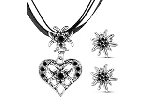 Patelai 3 Stück Trachtenschmuck Set Bayerisch Dirndlschmuck Trachtenkette mit Strass Edelweiß Herz Anhänger und Edelweiß Ohrstecker für Damen Bierfest Trachten Dirndl Outfit Accessoires