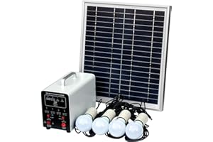 PHOTONIC UNIVERSE 15W Off-Grid Solar Lighting System with 4 LED Lights, Solar Panel, Battery and Cables - Complete Solar Lighting Kit