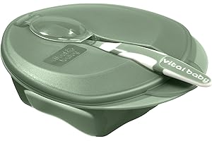 Vital Baby Nourish Weaning Bowl with Lid & Spoon 6m+, Green, Food Mashing Zones, Soft Spoon Tip, EarthSmart Biodegradable, BPA-Free & Portable with Hygienic Spoon Cover