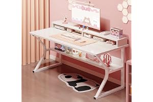 DESINO Gaming Desk with Shelf, Computer Desk White, C-Shaped Gaming Table, PC Gaming Workstation Home Office Desks, Space-saving, Easy to Assemble (White, 120 * 60 * 75cm)