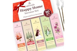 CALMVEDA Opakowanie zbiorcze kadzidelek Happy Home - (5 wariantów) bez wegla drzewnego | Przytulne, cieple paluszki, takie jak ciasto waniliowe, cedr balsamiczny, róza i cynamon | Idealny prezent na kadzidlo