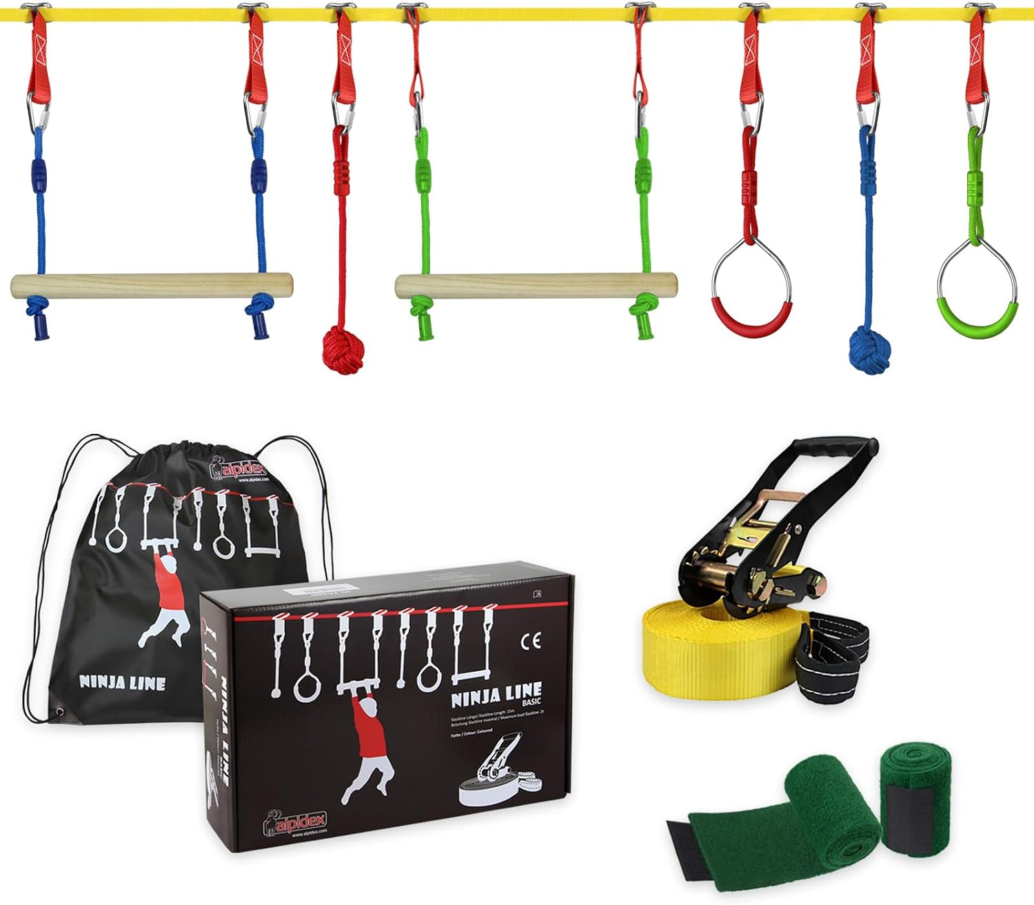 ALPIDEX Ninja Niños Slackline Kids 15 m Obstacles Set Anillos Gimnasia Nudos Cuerda Accesorios Escalada Curso Extensible