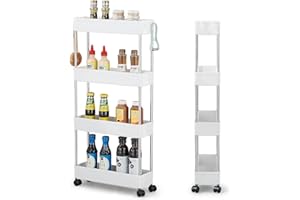 ‎WOPEITE Wopeite Küchenwagen mit 4 Ebenen, Küchenregal, Nischenregal auf Rollen, Rollwagen, nischenregal 13 cm breit, Aufbewahrungsregal für Küche, Büro, Bad, Waschküche, Kunststoff 40 x 13 x 86 cm
