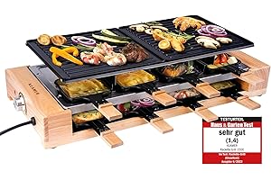 ‎KLAMER KLAMER Raclette Grill 8 Personen 1500 W mit Holzgestell & Parkdeck, Alu-Druckguss-Grillplatte antihaft, stufenlos regelbar, ILAG Beschichtung, Test „Sehr gut (1,4)“, deutsche Marke Berlin