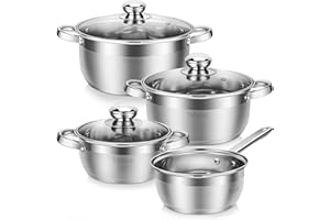Velaze 7-Piece Cooking Pot Set Made of Stainless Steel, Induction Pot with Glass Lids, Classic Design, Pots with 3 Cooking Pots and 1 Saucepan, Pot Set for All Types of Stoves