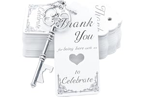 Aokbean 52pcs Vintage Scheletro Apribottiglie Chiave Bomboniera Ospite Souvenir Set Regalo con Scorta Grazie Tag Card E Portachiavi (Argento Antico)