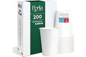 PERLA ITALIA Perla - 200 Bicchieri di Carta da 200 ml - Bicchiere Monouso Biodegradabile Ecologico - Adatto per Bevande Fredde e Calde - Bicchieri per Acqua usa e getta (Bianco)
