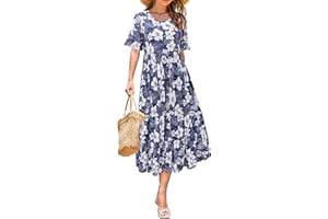STYLEWORD Women Summer Dress Floral Short Sleeve Ladies Casual Swing Midi Dress with Pockets