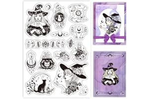 ‎GLOBLELAND GLOBLELAND Magic Witch Clear Stamps Witchcraft Clear Stamps Witch Black Cat Hintergrund Clear Stamps Witchcraft Magical Clear Stamps Für DIY Scrapbooking Fotoalbum Karten 6.3x4.33x0.12 Zoll