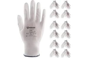 ANDANDA Gants de Travail, 12 Paires, Gant Tricoté sans Couture, Paume et Doigt Enduit PU, Excellente Adhérence, Gants Protections, l'Entreposage, la Logistique, l'Assemblage, M