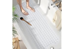 Smiry Non Slip Bath Mat, 100x40cm Extra Long Soft Bathtub Mat with 300 Strong Suction Cups & Drain Holes, Machine Washable Skin-Safe Bathroom Shower Mat, Clear