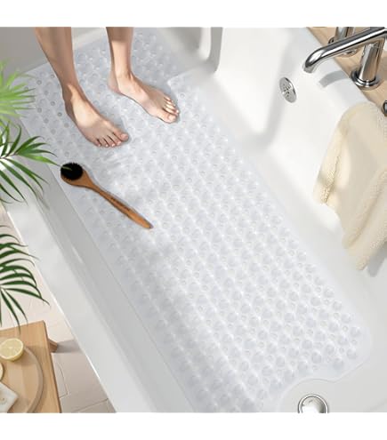 Grote douchemat, antislip, schimmelwerend, comfortabele zachte badmat met afvoergat, wasbaar en sneldrogend, voetmassage (beige, 60 x 120 cm