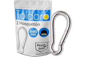 Toldoro® 2X Mosqueton de Acero Inoxidable 8x80mm / Mosqueton Grande para Columpio, Camping o Slacklines/Juego de Mosquetones