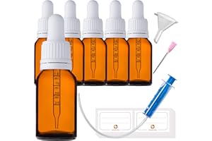HandsUnity 15ml-6 piezas Frasco de Vidrio Para Pipetas - Juego de Frascos de Farmacia de Vidrio Ámbar con Tapa de Pipeta Blanca incluye 17 piezas de Accesorios - Botellas Vidrio Marrón