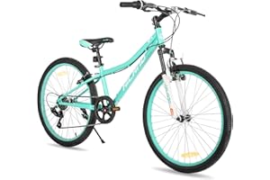 ‎HH HILAND HILAND Climber 24 Zoll Kinderfahrrad, Kinder Mountainbike für Jungen Mädchen mit Federgabel 7 Gang, Kinder MTB mit V-Bremsen, Schwarz/Blau/Mintgrün/Rosa