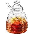 ELECDON Honey Jar with Dipper and Lid, Honey Bee Pot and Lid for Storage by Paulsway, 17oz Glass Beehive Honey Pot, Honey Containers Holder for Home Kitchen, Clear