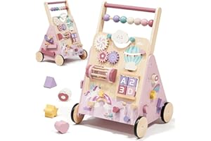 Lehoo Castle Enhörning Lära-gå-vagn i Trä för Bebisar med Broms & Aktivitetsbräda, Baby Walker, Pedagogisk Leksak från 1 År