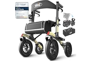 VOCIC All Terrain Rollator Walker, Foldable Outdoor Rollator with Seat Mobility Walker for Senior, Carry Bag, Brakes, 30cm/ 12'' Wheel Rubber Large Tyre, Suitable Travel, 5 Year Support