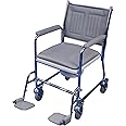 Aidapt Wheeled Mobile Commode Over Toilet Chair with Padded Back, Drop Down Arm Supports, Locking Castors, Large Removable Bucket and Swing Up Foot Rests Flat Packed Aid