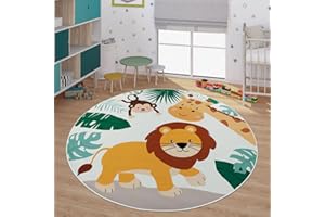 TT Home Tappeto Stanza Bambini Auto Bambini Motivo Con Animale Antiscivolo, Colore:Verde Beige Blu, Dimensione:160 cm tondo
