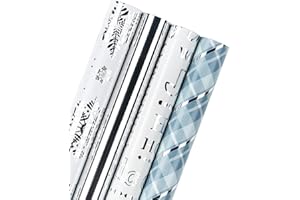 RUSPEPA Rollo de Papel de Regalo - Papel Cuadriculado Plateado y Azul con Brillo Metálico de Lámina Brillante - 4 Rollos - 76cm X 305cm Por Rollo