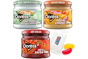Doritos Dips Assorted Flavours Bundles Set Of 3 Dips Hot Salsa 300g Nacho Cheese 280g Sour Cream & Chives 280g Vegetarian Dip Perfect For Sharing Boxed Treatz