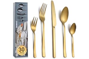 BEWOS Set di Posate per 6 Persone, Set di Posate in Acciaio Inossidabile da 30 Pezzi, Set di Posate in Oro Opaco con Coltelli, Forchette e Cucchiai, Lucidato a Specchio e Lavabile in Lavastoviglie