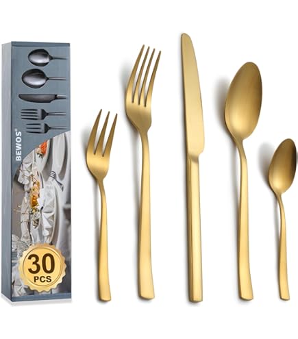 Bestdin Bestekset voor 6 personen, 30-delig bestek zwart goud mat, eetbestekset met mes, vork, lepel, hoogwaardig roestvrij staal, vaatwasmachinebestendig