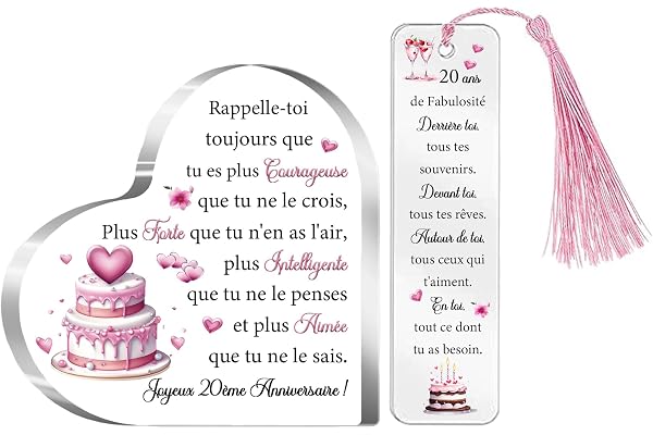 20ème Cadeau Anniversaire 20 Ans pour Elle Femmes Plaque Acrylique Signets Ensemble de 2 Pièces 20e Cœur Panneaux Bureau Fille Amies Cousine Nièce Joyeux Vingtième Inspirant Souvenirs