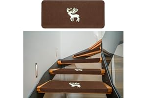 Scoutteemo 15Pcs Carpet Stair Treads Mats 22 x 55cm, Indoor Stair Runners for Wooden Steps, Self Adhesive Stair Tread Staircase Floor Mat Protector Pads for Kids Elders and Pets(Brown Nordic Deer)