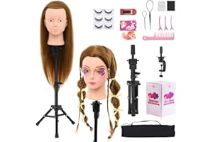 ‎NEVERLAND BEAUTY & HEALTH Neverland Schminkkopf Frisierkopf mit Übungskopf Ständer, 71cm 60% Echthaar Puppenkopf zum Frisieren, Trainingsköpfe für Friseure Ausbildung Kopf mit Tischklemme, Wimpern und Haare Zubehör(Gold)