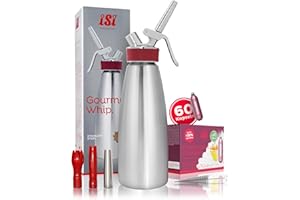 ISI Sahnespender 1000 ml, Gourmet Whip Plus, 1 Liter, aus hochwertigem Edelstahl, Betrieb Sahnekapseln, für Sahne, warme und kalte Saucen, Suppen, Espumas und Desserts, mit 60 Sahnekapseln