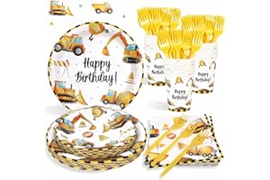 HEBOLAND Decorazione di Compleanno di Escavatori 3 Anni, Stoviglie da Cantiere per 25 ospiti, 125pcs Stoviglie per Compleanno Escavatore, Decorazioni Tema Costruzione Piatti Compleanno Bambino, Tovaglioli