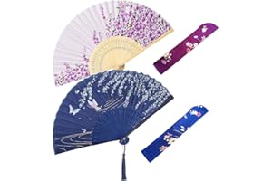 Belegao 2PCS Folding Hand Fans - Elegant Hand Fans with Pouch Tassel Bamboo Silk Fabric Portable Handheld Fan Chinese Fans for Birthday Gifts Cosplay Party Prom Performance Daily