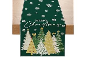 DOOFE Christmas Table Runner, Reusable Green Linen Christmas Table Runners with Xmas Tree Snowflake Pattern, Dinner Christmas Table Decorations for Winter Holiday Xmas Party Decorations( 230 x 33 CM)