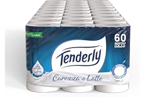 Tenderly Carezza di Latte, 60 Rotoli di Carta Igienica Morbidissima (15 conf da 4 rotoli), 2 Veli, 250* Strappi per Rotolo, Realizzata con Fibre 100% Naturali di Latte, Made in Italy