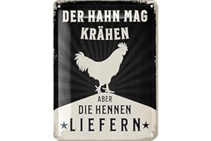 LANOLU Retro Blechschild Hühnerstall Schild DER HAHN MAG KRÄHEN Aber DIE HENNEN LIEFERN - Hühner Deko Geschenk als Hühnerstall Zubehör Wanddeko - Vintage Metallschild 15x20cm